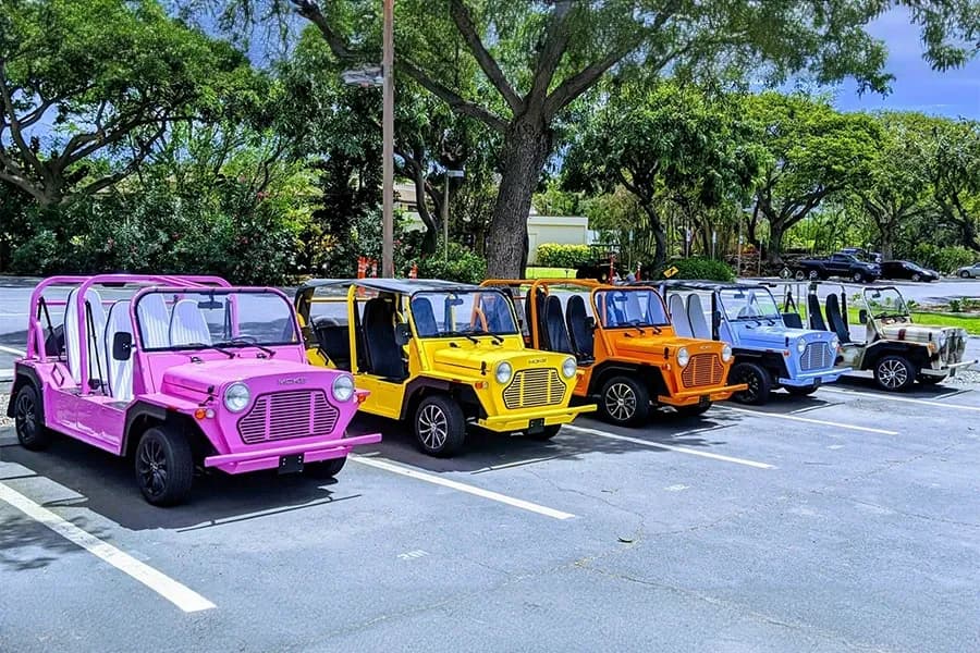 Colorful Moke vehicles lined up in a parking lot